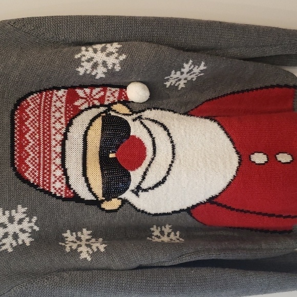 George Christ Sweater Santa Clause Men's Medium Grey Sequence Black Glasse - Picture 3 of 13